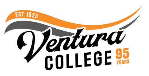 Ventura College logo :white background with Ventura College spelled out in black letters in the center, next to the word college in orange letter is 95 years and above the center lettering are two orange and gray wavy lines